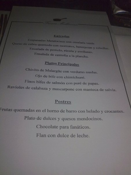 Menú del restaurante de Francis Mallman en la bodega Escorihuela Gascón. Vino